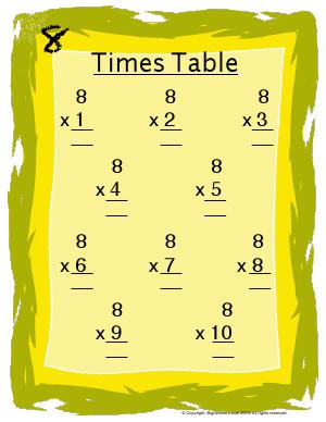 Preview image for worksheet with title 8 Times Table