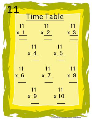Preview image for worksheet with title 11 Times Table
