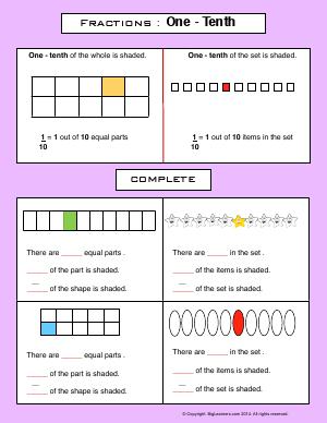 Preview image for worksheet with title Fractions : One - Tenth
