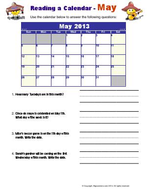 Preview image for worksheet with title Reading a Calendar - May