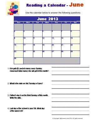 Preview image for worksheet with title Reading a Calendar - June