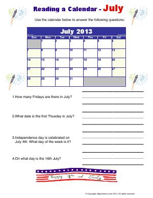 Preview image for worksheet with title Raeding Calendar - July