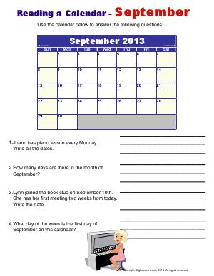 Preview image for worksheet with title Reading a Calendar - September