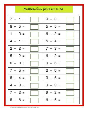 Preview image for worksheet with title Subtraction Facts up to 10