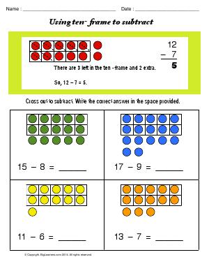Preview image for worksheet with title Using Ten Frame to Subtract