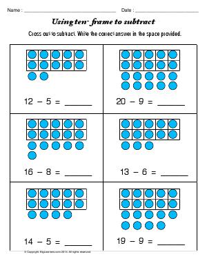 Preview image for worksheet with title Using Ten Frame to Subtract
