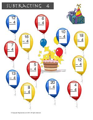 Preview image for worksheet with title Subtracting 4 ( Birthday Party Theme )