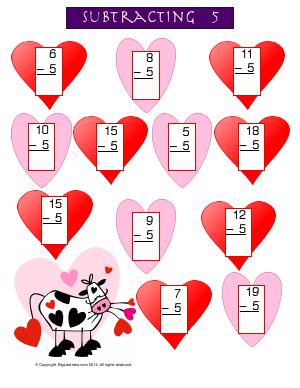 Preview image for worksheet with title Subtracting 5 ( Valentine Theme )