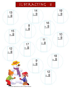 Preview image for worksheet with title Subtracting 8 ( Snowman Theme )