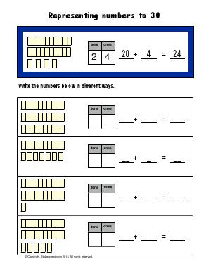 Preview image for worksheet with title Representing Numbers to 30