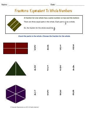 Preview image for worksheet with title Fractions Equivalent to the Numbers