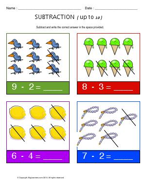 Preview image for worksheet with title Subtraction ( Up to 10 )