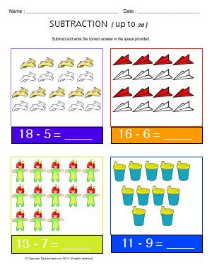 Preview image for worksheet with title Subtraction ( Up to 20 )