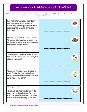 Preview image for worksheet with title Addition and Subtraction Word Problems