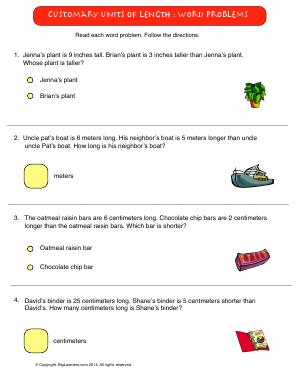 Preview image for worksheet with title Customary Units of Length : Word Problems