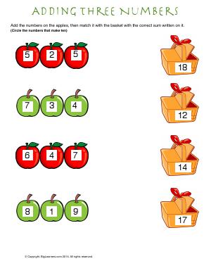 Preview image for worksheet with title Addition Three  Numbers
