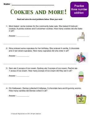Preview image for worksheet with title Cookies and More!  (Three Number Addition)