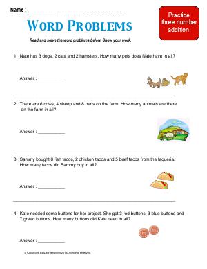 Preview image for worksheet with title Word Problems ( Three Number Addition )