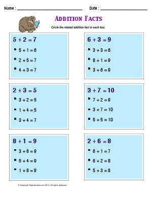 Preview image for worksheet with title Addition Facts