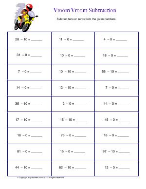 Preview image for worksheet with title Vroom Vroom Subtraction