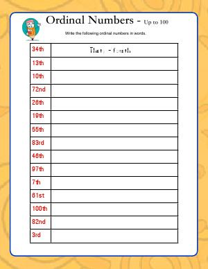 Preview image for worksheet with title Ordinal Numbers - Up To 100
