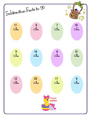 Preview image for worksheet with title Subtraction Facts to 20 ( Easter Theme )