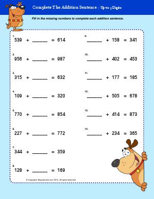 Preview image for worksheet with title Complete the Addition Sentence - UP to 3 Digits
