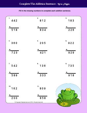 Preview image for worksheet with title Complete the Addition Sentences - Up to 3 Digits