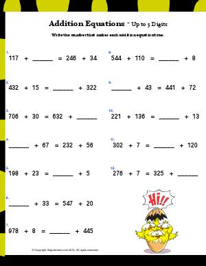 Preview image for worksheet with title Addition Equations - Up to 3 Digits