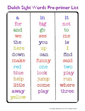 Preview image for worksheet with title Dolch Sight Word Pre-Primer List