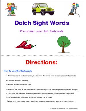 Preview image for worksheet with title Dolch Sight Words - Pre-Primer Word List Flashcards