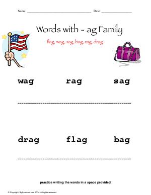 Preview image for worksheet with title Words With - ag Family ( Short a Sound )