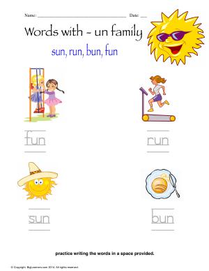 Preview image for worksheet with title Words With - un Family