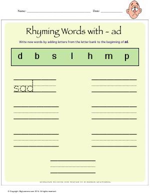 Preview image for worksheet with title Rhying Words With - ad