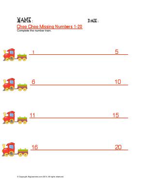 Preview image for worksheet with title Choo Choo Missing Numbers 1 - 20