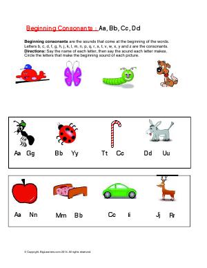 Preview image for worksheet with title Beginning Consonants : Aa, Bb, Cc, Dd