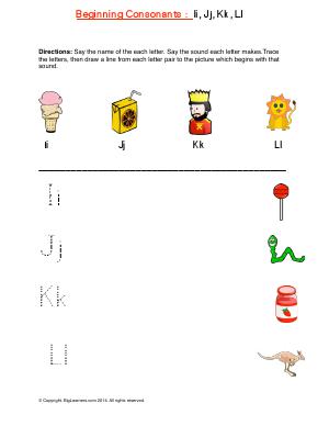 Preview image for worksheet with title Beginning Consonants: Ii, Jj, Kk, Ll