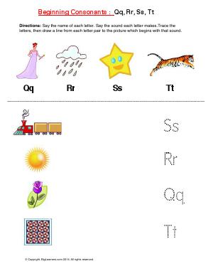 Preview image for worksheet with title Beginning Consonants: Qq, Rr, Ss, Tt