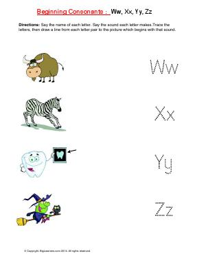 Preview image for worksheet with title Beginning Consonants: Ww, Xx, Yy, Zz