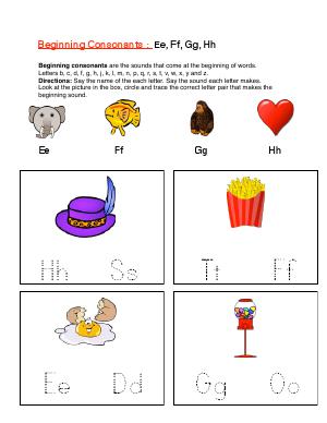 Preview image for worksheet with title Beginning Consonants: Ee, Ff, GG, Hh