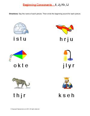 Preview image for worksheet with title Beginning Consonants: Ii,Jj, Kk, Ll