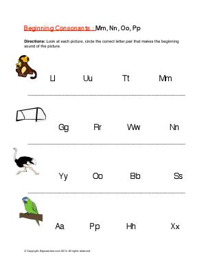 Preview image for worksheet with title Beginning Consonants: Mm, Nn, Oo, Pp
