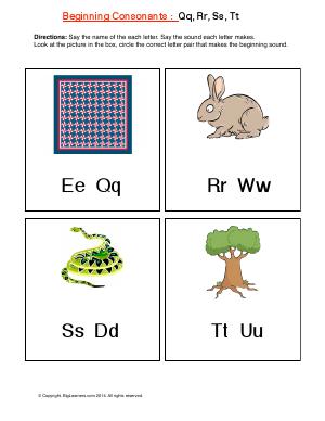 Preview image for worksheet with title Beginning Consonants: Qq,Rr, Ss, Tt