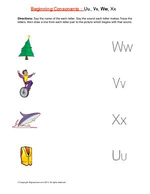 Preview image for worksheet with title Beginning Consonants: Uu, Vv, Ww, Xx