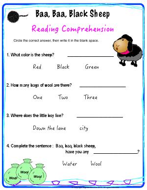 Preview image for worksheet with title Baa Baa Black Sheep - Reading Comprehension