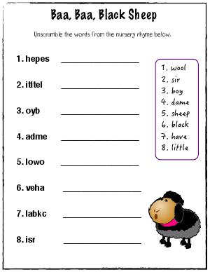 Preview image for worksheet with title Baa Baa Black Sheep - Unscramble the Words