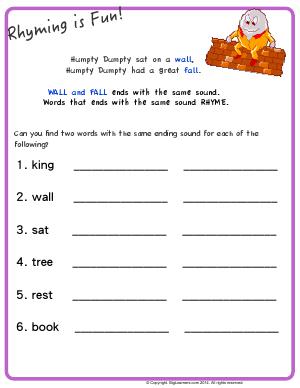 Preview image for worksheet with title Rhyming is Fun - Humpty Dumpty
