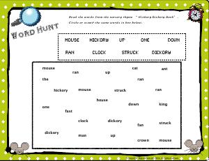 Preview image for worksheet with title Word Hunt - Hickory Dickory Dock