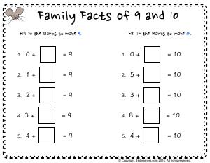Preview image for worksheet with title Family Facts of 9 and 10