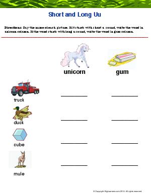 Preview image for worksheet with title Short and Long "Uu"